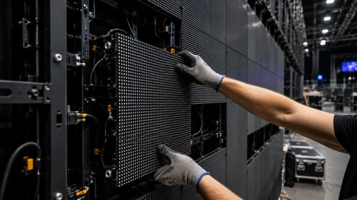 Close-up of a technician installing a modular LED panel